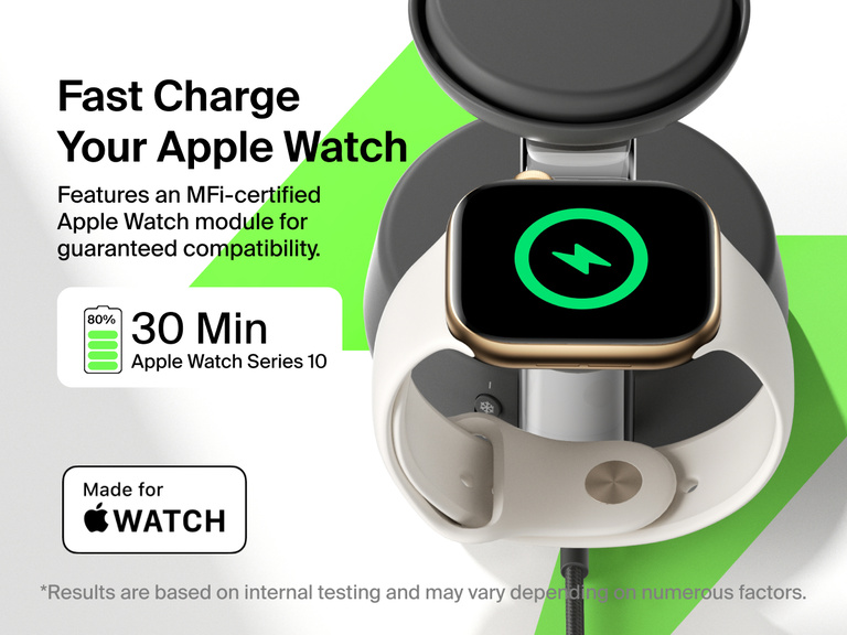 Belkin UltraCharge Pro 3-in-1 Magnetic Charging Dock with Qi2 25W features fast charging for Apple Watch Series 10, reaching 80% in 30 minutes with MFi-certified compatibility.
