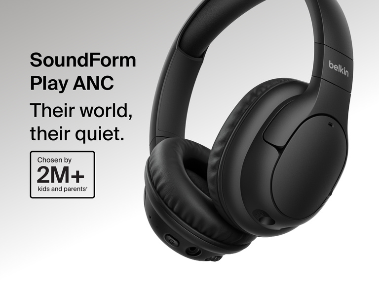 SoundForm Play Active Noise Cancelling Headphones for Kids shown in a close-up view highlighting the padded ear cushion and adjustable headband