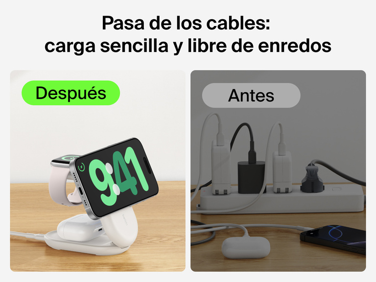 Se muestra el cargador magnético plegable 3 en 1 con Qi2 25W Belkin UltraCharge suministrando una carga sin enredos para múltiples dispositivos, a diferencia del equipamiento de carga por cable que aparece desordenado.