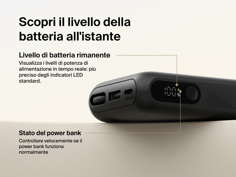 Belkin UltraCharge 10K power bank with integrated USB-C cable and digital display showing real-time battery percentage and charging status