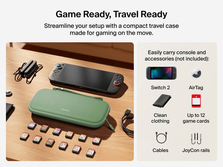 Belkin Gaming Travel Case for Nintendo Switch 2 displayed on a table with compatible accessories including game cards, cables, JoyCon rails, AirTag, and cleaning cloth (all sold separately).