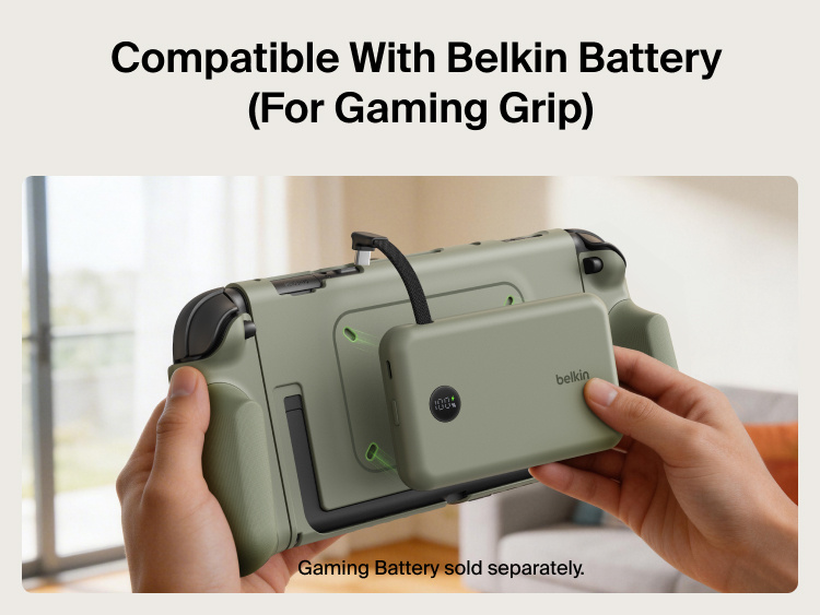 Belkin Gaming Grip for Nintendo Switch 2 is compatible with the Belkin Gaming Battery, enabling magnetic attachment for extended gaming sessions.