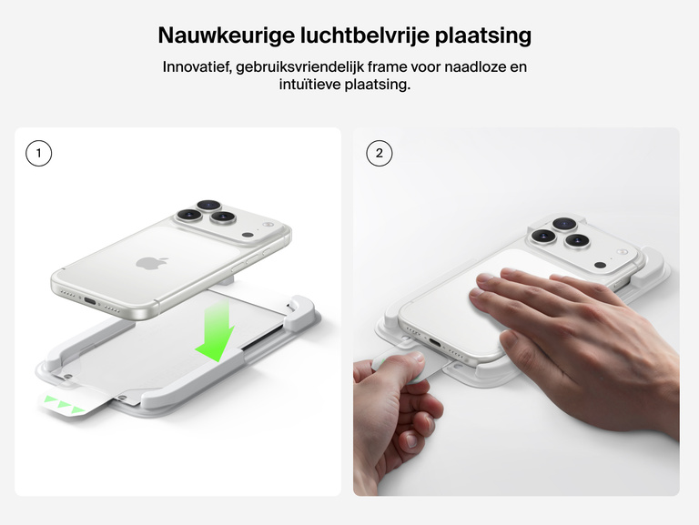 Belkin ScreenForce InvisiGlass-screenprotector met gebruiksvriendelijk frame voor nauwkeurige, luchtbelvrije plaatsing.