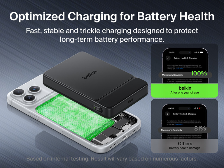 Belkin UltraCharge Slim Magnetic Power Bank 10K illustrating optimized charging with fast, stable and trickle charging to maintain long-term battery health and performance