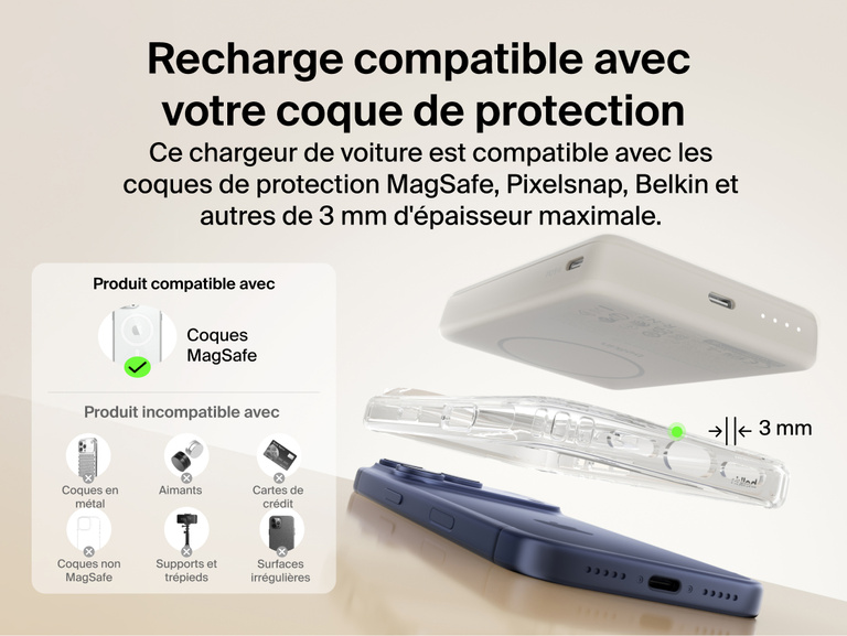 Belkin BoostCharge Slim Magnetic Power Bank 10K charging through MagSafe-compatible phone case up to 3mm thickness with secure magnetic alignment