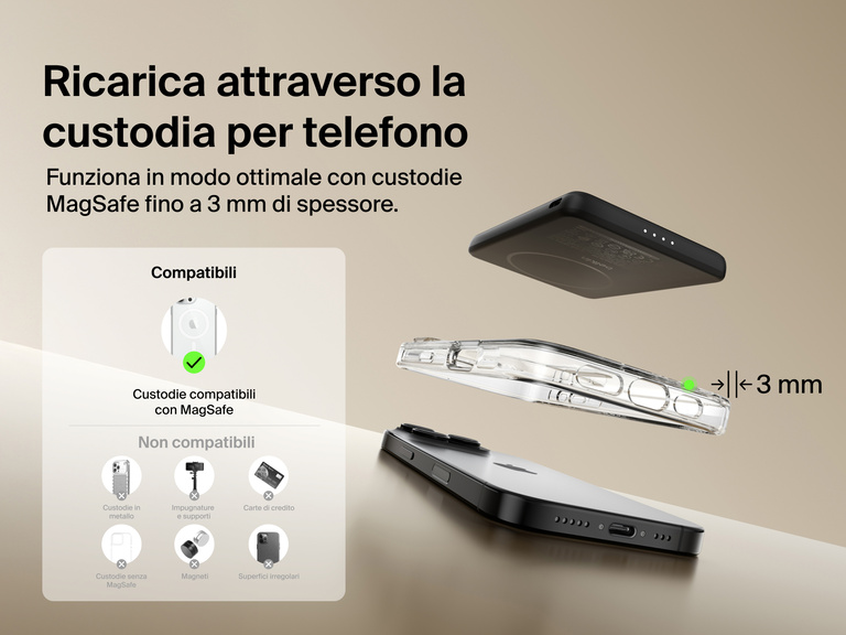 Belkin BoostCharge Slim Magnetic Power Bank 5K shown aligning with a smartphone and MagSafe-compatible case, demonstrating wireless charging through cases up to 3mm thick.