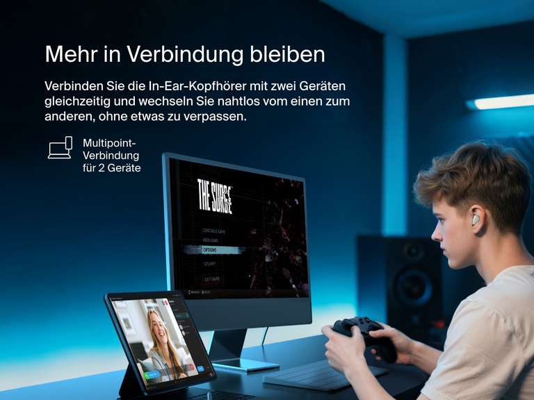 Belkin SoundForm Anywhere Wireless Earbuds with multipoint 2-device connection letting users switch seamlessly between gaming and video calls.