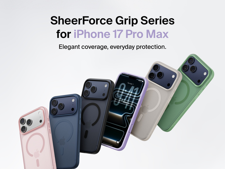 Belkin SheerForce Grip Series protective case for iPhone 17 shown in pink, clear, and black with slim design and MagSafe compatibility.