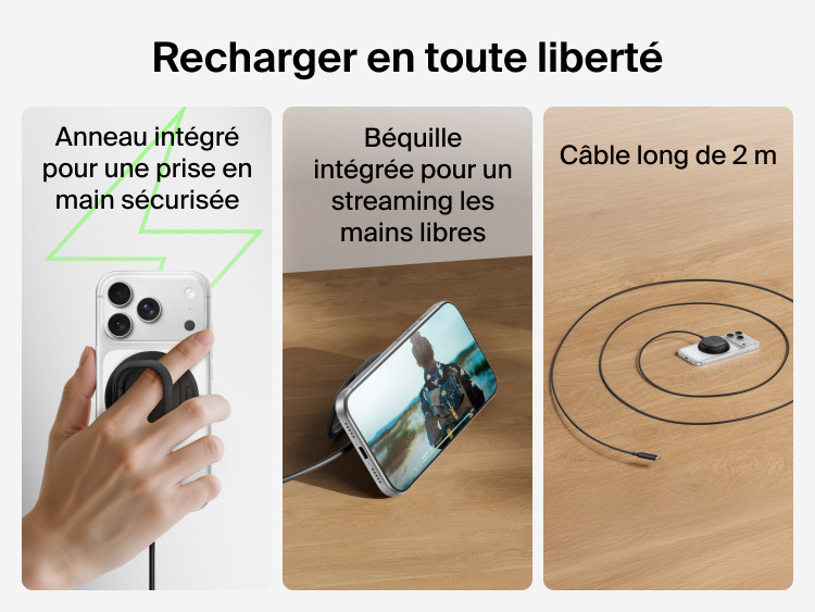 Image du chargeur magn&eacute;tique Qi2 25&nbsp;W Belkin UltraCharge avec sa boucle d'attache, sa b&eacute;quille int&eacute;gr&eacute;e et son c&acirc;ble de 2&nbsp;m qui permettent une recharge flexible, les mains libres.