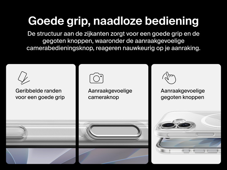 Belkin SheerForce Clear Series Case for iPhone 17 with grooved edges, tactile molded controls, and touch-sensitive camera button for secure grip and seamless control.