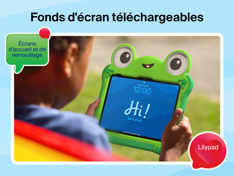Disney Toy Story 5 Lilypad Case for iPad 10th and 11th Gen shown in use by a child holding tablet displaying &ldquo;Hi! Let&rsquo;s play!&rdquo; with callouts for downloadable digital wallpapers and home and lock screens