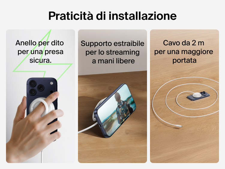 Immagine di un caricabatteria magnetico con Qi2 25W Belkin UltraCharge con cavo da 2 metri e anello per dito e funzionalit&agrave; di supporto estraibile all-in-one, per una ricarica pratica e l'uso a mani libere.