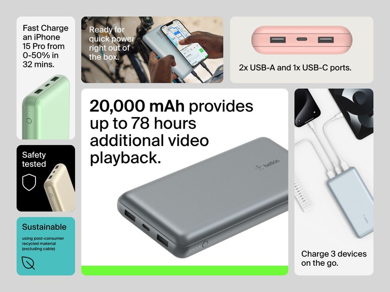 The Belkin BoostCharge Power Bank 20K is shown in multiple use cases and colors, highlighting its 20,000 mAh capacity, ability to charge three devices at once, fast charging for iPhone 15 Pro, and use of recycled materials.