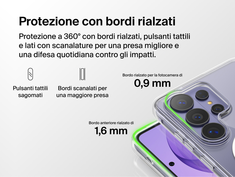 Belkin SheerForce Clear Series Case for Samsung Galaxy S26 shown with elevated edge protection, featuring raised front and camera edges, tactile buttons, and grooved sides for enhanced grip and impact protection.