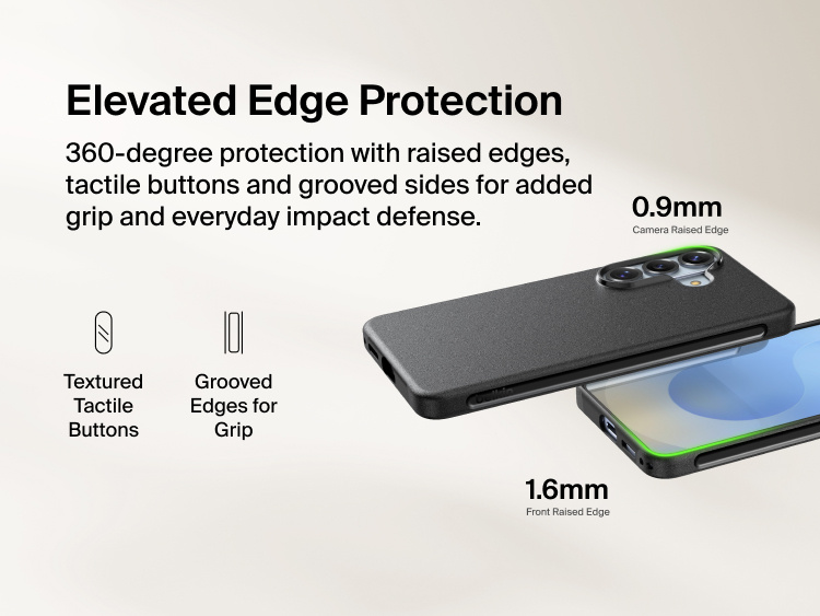 Belkin SheerForce Protect Series Case for Samsung Galaxy S26 featuring elevated edge protection with raised camera and screen edges, tactile buttons, and grooved sides for enhanced grip and everyday impact defense.