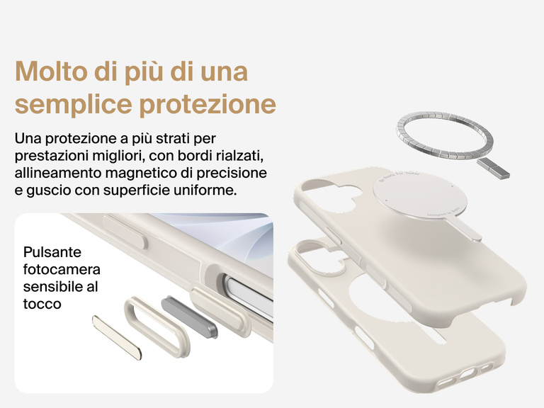 Immagine della custodia Belkin SheerForce Protect Series per iPhone 17 che evidenzia la compatibilit&agrave; con MagSafe e Qi2 per un aggancio magnetico potente a caricabatterie e altri accessori.
