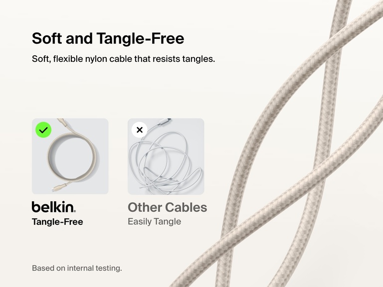 Belkin BoostCharge Pro Braided USB-C to USB-C Cable 60W features a soft, flexible nylon exterior designed to stay tangle-free and outperform standard cables in usability.