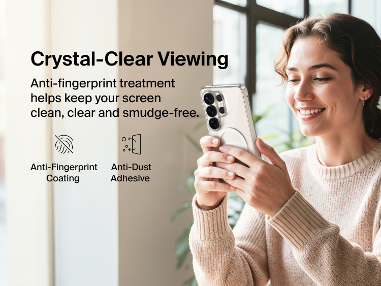 Belkin SheerForce Titan Protective Bundle for Samsung Galaxy S26 showcasing anti-fingerprint screen protector and clear MagSafe-compatible case for smudge-resistant, crystal-clear viewing and everyday protection.