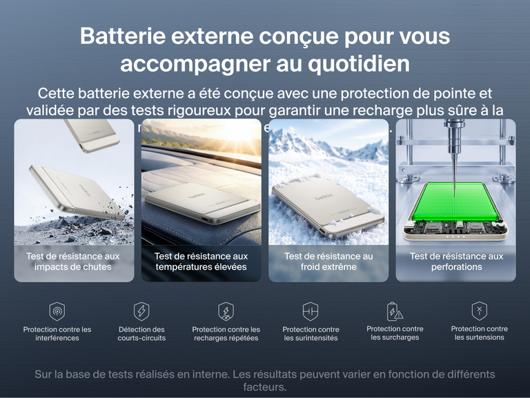 Image de la batterie externe magn&eacute;tique Belkin&nbsp;UltraCharge&nbsp;Pro&nbsp;Slim&nbsp;5K avec BoostSolid&nbsp;Cell soumise &agrave; des tests de s&eacute;curit&eacute; rigoureux&nbsp;: chutes, temp&eacute;ratures extr&ecirc;mes et perforations par clou, tout en int&eacute;grant plusieurs protections &eacute;lectriques.