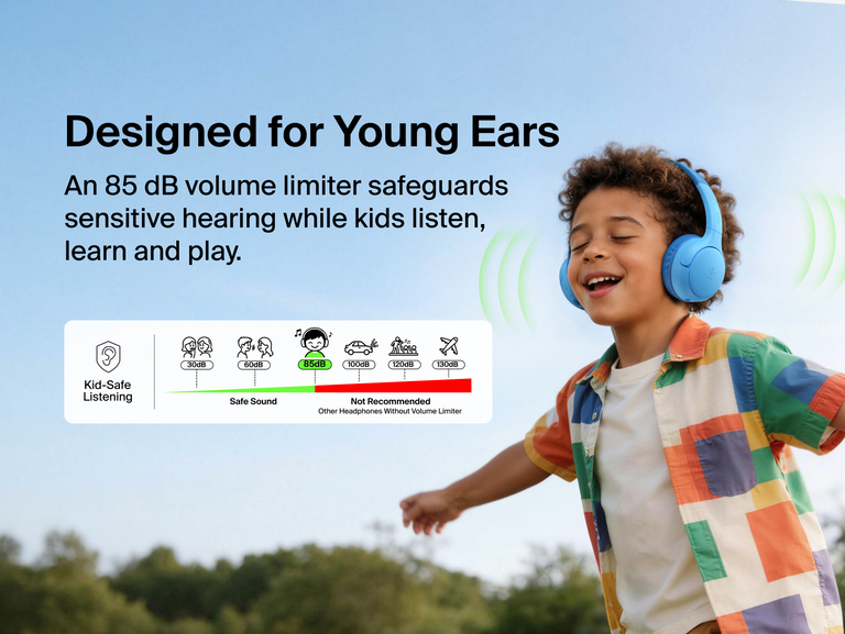 SoundForm Mini 2 Wireless On-Ear Headphones for Kids worn by a smiling child outdoors, with a diagram showing the 85 dB Kid-Safe Listening volume limit compared to louder levels not recommended for children