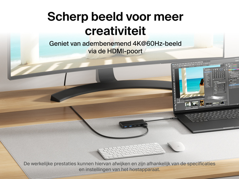 Belkin Connect 7-Port USB-C Hub with Dual USB-C Ports connected to a laptop and monitor delivering 4K@60Hz visuals via HDMI.