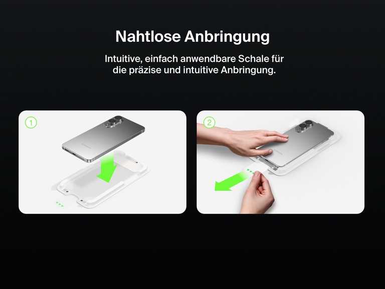 Darstellung der nahtlosen Anbringung der Belkin Screenforce InvisiGlass Displayschutzfolie mit einer einfach anwendbaren Schale für die präzise und intuitive Anbringung auf einem Samsung Galaxy S25 Edge.