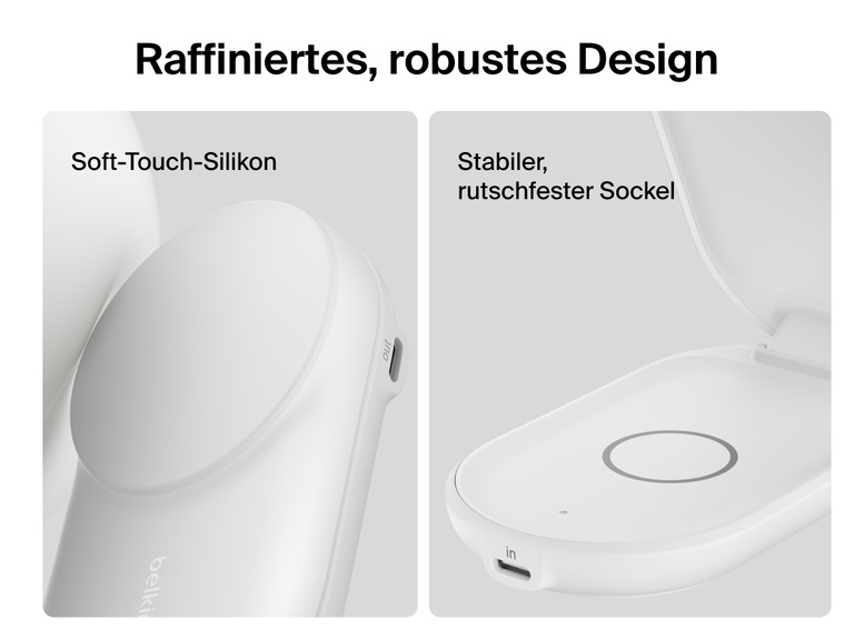 Nahaufnahme der Belkin UltraCharge faltbaren magnetischen 2-in-1-Ladestation mit Qi2 25W mit Soft-Touch-Oberfläche aus Silikon und einem stabilen, rutschfesten Sockel, der zuverlässiges, sicheres Laden ermöglicht.