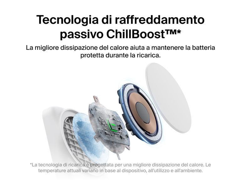 Immagine del caricabatteria magnetico pieghevole 2 in 1 con Qi2 da 25 W Belkin UltraCharge con tecnologia di raffreddamento passivo ChillBoost™, per una migliore dissipazione del calore e maggiore protezione della batteria del dispositivo durante la ricarica.