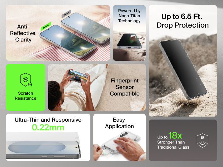 Belkin ScreenForce Titan SmartShield Anti-Reflective Screen Protector for Samsung Galaxy S26 highlighting 9H scratch resistance, up to 6.5 ft drop protection, fingerprint sensor compatibility, ultra-thin 0.22 mm design, easy application, and glare-reducing clarity.