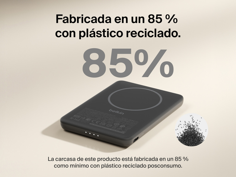 Belkin BoostCharge Slim Magnetic Power Bank 5K shown with text highlighting that its housing is made from 85% post-consumer recycled plastic for sustainable design.