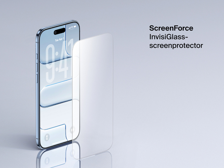 Belkin ScreenForce InvisiGlass-screenprotector voor duurzame kristalheldere bescherming, afgebeeld op een iPhone.