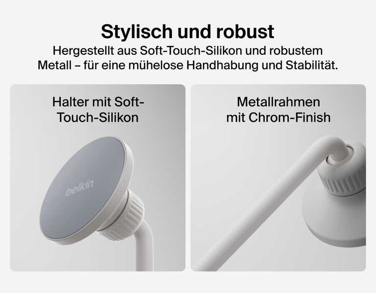 Image showing Belkin Stage Creator Kit crafted with a soft-touch silicone mount and chrome-finished metal frame, combining premium durability with a sleek, modern design.