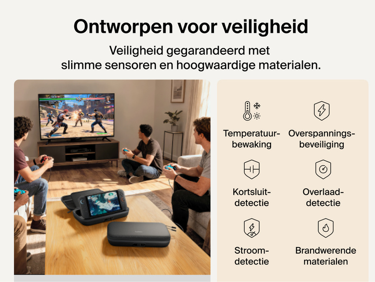 Belkin Gaming Charging Case Pro for Nintendo Switch 2 shown in a living room setup highlighting engineered safety features including temperature monitoring, overvoltage protection, overload detection, and fire-resistant materials.