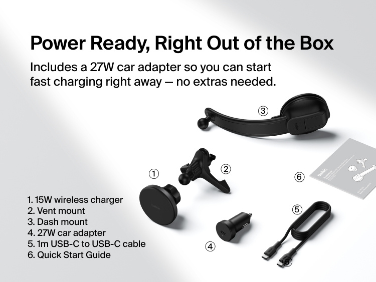 Belkin BoostCharge Magnetic Wireless Charging Car Vent and Dash Mount shown with all included components: 15W charger, vent mount, dash mount, 27W car adapter, USB-C cable, and quick start guide.