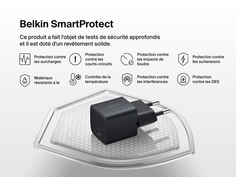Belkin BoostCharge USB-C Wall Charger 25W shown with Belkin SmartProtect features, including over-voltage, surge, and short-circuit protection for enhanced charging safety.