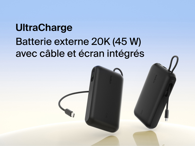 Belkin UltraCharge 20K 45W power bank with integrated USB-C cable and digital display showing portable high-capacity fast charging solution