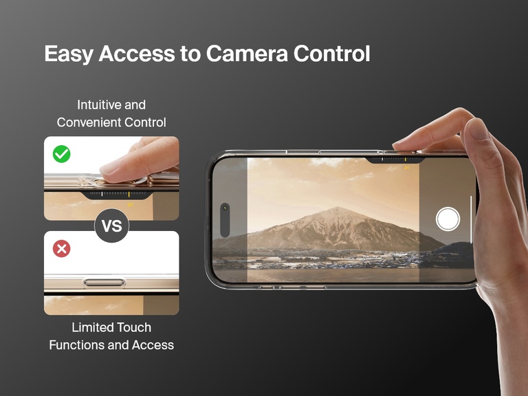展示 SheerForce™ 磁吸 iPhone 手機保護殼方便操作相機按鍵。影像顯示手機保護殼直觀方便的操作方式，並與競爭對手觸控與操作有限的設計互相比較。顯示用戶正在流暢調整相機縮放功能，突顯手機保護殼的精確剪裁切口不會影響使用體驗。