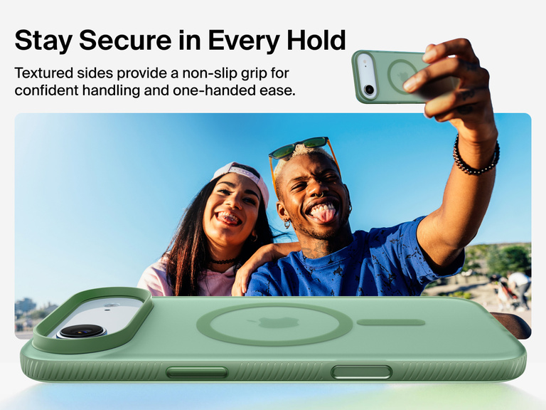 Belkin SheerForce Grip Series Case for iPhone 17 with military-grade drop protection and textured non-slip grip.