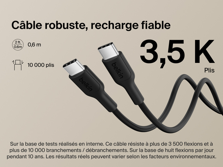 Belkin BoostCharge Slim Magnetic Power Bank 5K shown with durable USB-C to USB-C cable designed for 3,500+ bends and reliable long-lasting charging performance.