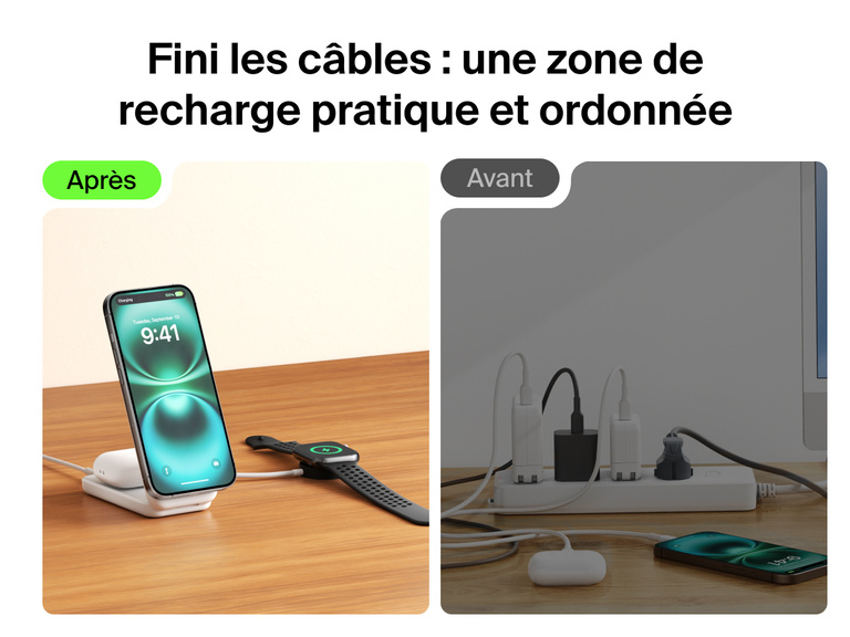 Socle de recharge 2-en-1 aimanté et pliable Belkin UltraCharge avec Qi2 25 W offrant une alternative aux cordons emmêlés et une recharge sans fil unique pour iPhone, AirPods et Apple Watch.