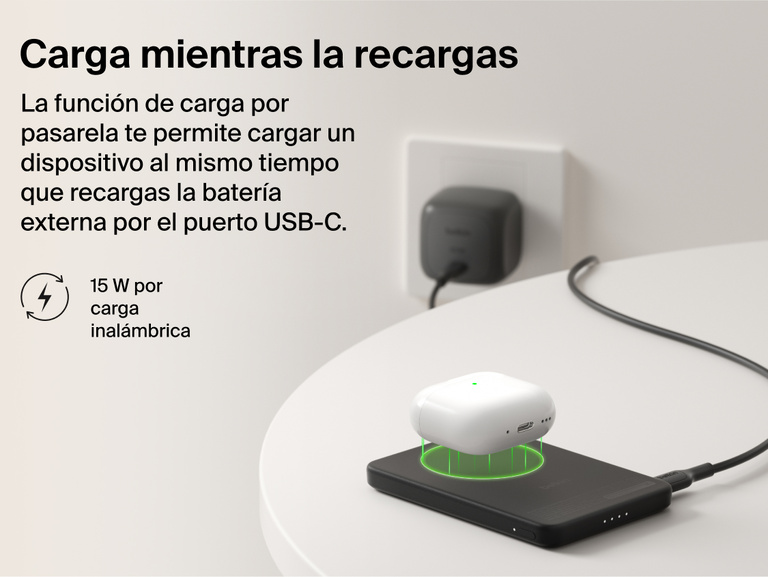 Belkin BoostCharge Slim Magnetic Power Bank 5K with Qi2 demonstrating pass-through charging, wirelessly powering a device while the power bank recharges via USB-C.