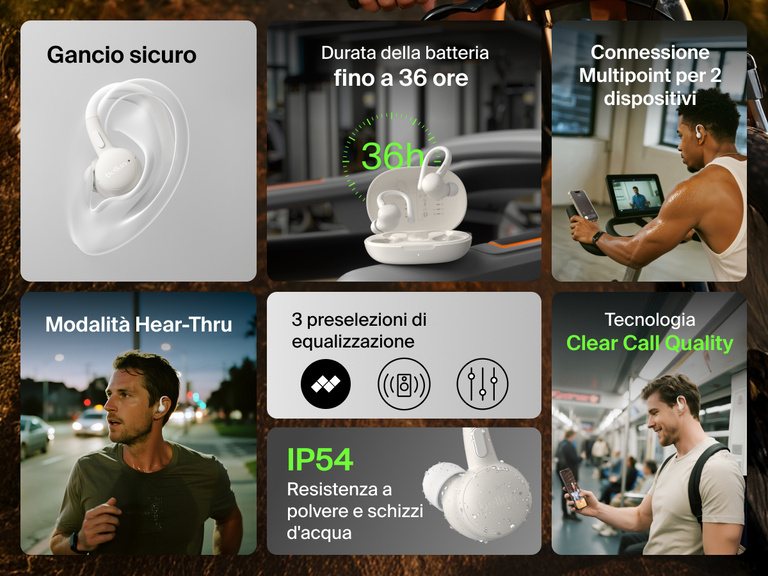 Belkin SoundForm ActiveFit Wireless Earbuds with up to 36h battery life, secure ear hook, IP54 dust and water resistance, Hear-Thru mode, multipoint connection, 3 EQ presets, and clear call quality.