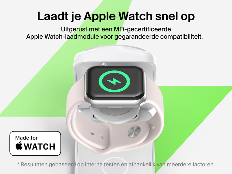 De Belkin UltraCharge 3-in-1 uitklapbare magnetische lader met Qi2 25W laadt de Apple Watch Series 10 tot 80% op in 30 minuten met behulp van een MFi-gecertificeerde laadmodule.