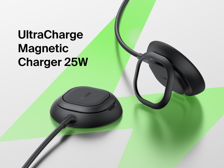 Belkin UltraCharge Magnetic Charger with Qi2 25W shown as a sleek magnetic charging pad and stand designed for fast, secure wireless charging.