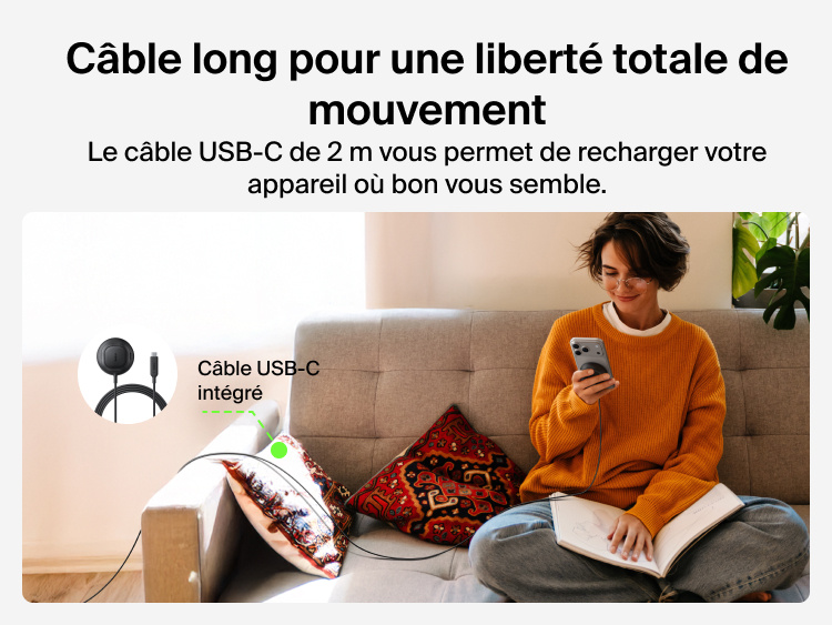 Image du chargeur magn&eacute;tique Qi2 25 W Belkin UltraCharge avec un c&acirc;ble long de 2&nbsp;m permettant une recharge confortable d'un appareil mobile, partout dans la pi&egrave;ce.