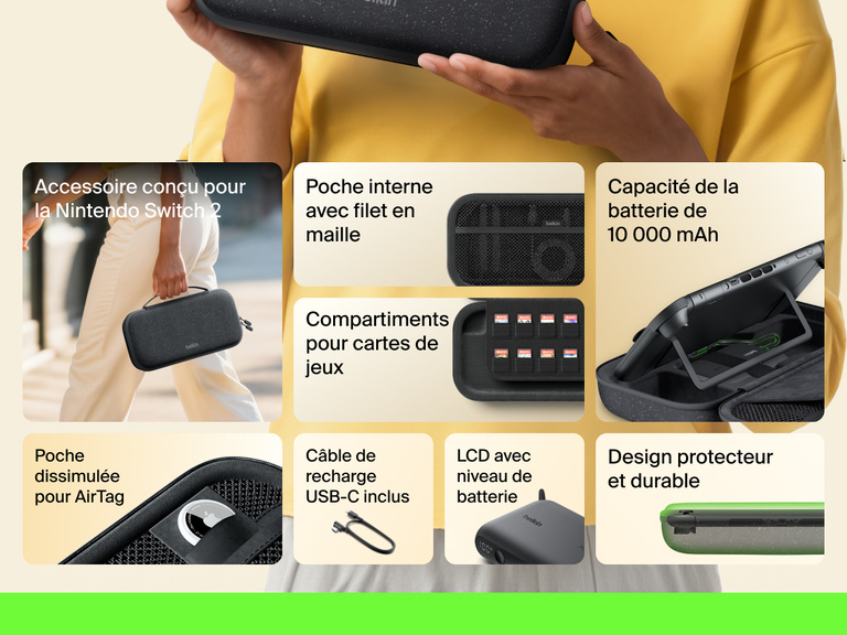 Image de la pochette de rangement avec batterie externe Belkin Gaming pour Nintendo Switch 2 mettant en avant la batterie externe de 10 000 mAh, les compartiments de rangement pour cartes de jeux, le câble USB-C, l'écran LCD, le filet en maille, le compartiment pour AirTag et le côté durable et protecteur de la pochette.