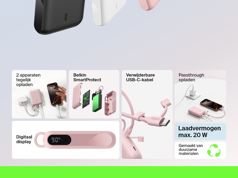 Informatieve afbeelding met productkenmerken van de Belkin BoostCharge 10.000mAh-powerbank met display, waaronder een uitgangsvermogen van 20 W, opladen van twee apparaten, digitaal batterijdisplay, afneembare USB-C-kabel, passthrough-opladen, Belkin SmartProtect en duurzame materialen.