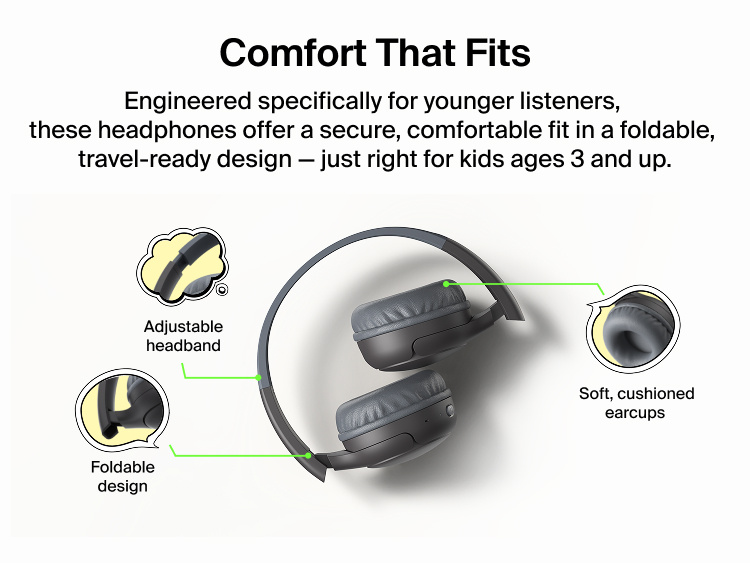 SoundForm Mini 2 Wireless On-Ear Headphones for Kids in folded position with callouts highlighting the adjustable headband, foldable design, and soft cushioned earcups