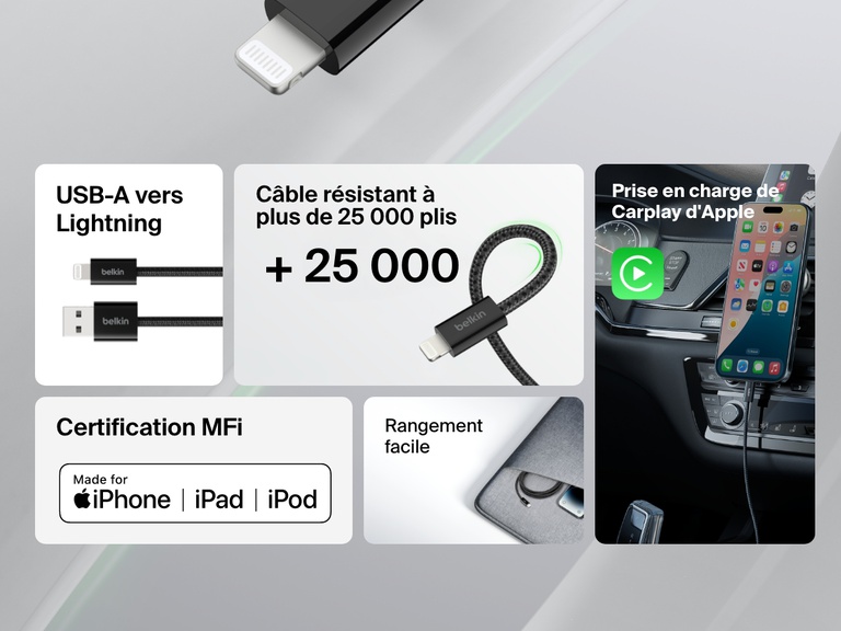 Le câble USB-A Belkin BoostCharge avec connecteur Lightning résiste à plus de 25 000 plis. Il est certifié MFI et compatible avec Carplay d'Apple. Son design compact facilite le rangement tout en assurant une recharge et une synchronisation fluides pour les iPhone, iPad et iPod.