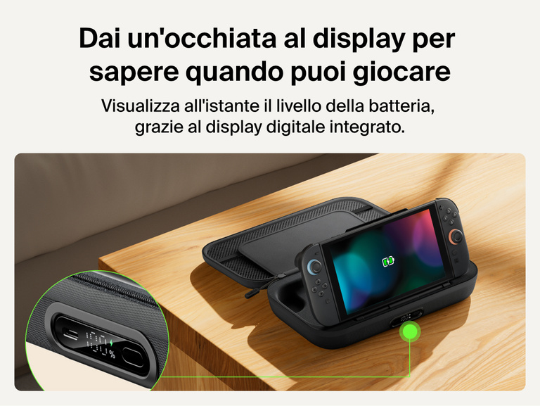 Belkin Gaming Charging Case Pro for Nintendo Switch 2 shown with built-in digital battery display and charging dock for quick power status at a glance.